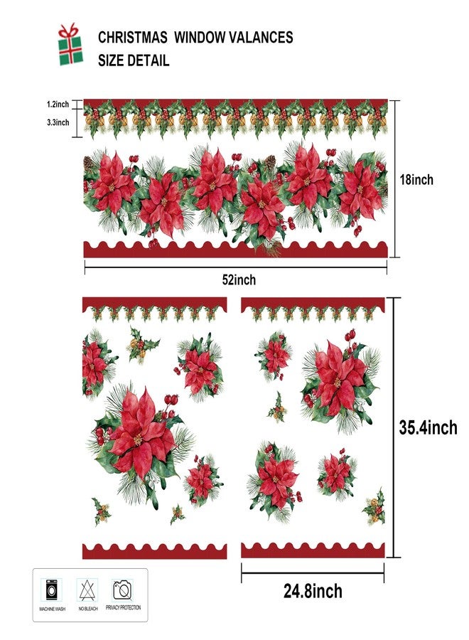Cuteiush 3Pc Christmas Poinsettia Kitchen Curtain Valances and Tiers Set for Kitchen Bedroom Window Decor, 52x18 & 27x24Inchesx2 Red and Green - Image 2